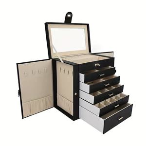 TEMU 거울이 있는 초대형 6단 보석함 - 반지, 귀걸이, 목걸이, 팔찌용 핑크 인조 가죽 다중 구획 정리함 - 세련된 디자인, 패브릭 안감 내부, 보석 상자|화장대|링귀걸이