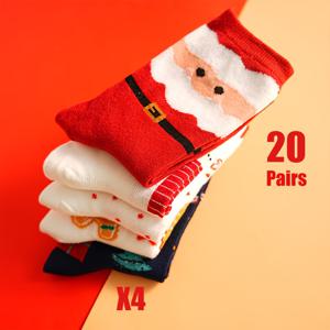 TEMU 20 켤레 페스티브 크리스마스 크루 양말, 남녀 공용 폴리에스터 블렌드 (폴리에스터 95%, 엘라스테인 5%), 편안하고 부드러운 니트 원단, 산타, 순록, 눈송이, 선물이 있는 다양한 휴일 디자인, 기계 세척 가능