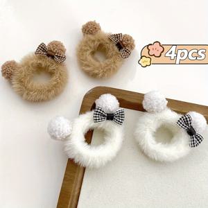 TEMU 레몬 러브 플러시 보우 헤어밴드 4개 세트 - 소녀용 부드러운 플러피 머리 액세서리, 귀여운 동물 & 캐릭터 디자인, 혼합 컬러, 가을/겨울 선물 및 유니폼, 코스튬에 완벽한 귀여운 헤어 액세서리, 장난기 있는 디자인