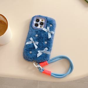 TEMU 진주 리본 플러시 아이폰 16 15 14 11 프로 맥스 가을 겨울용 플러시 따뜻한 모바일 폰 케이스, 팔찌 포함|아이폰케이스