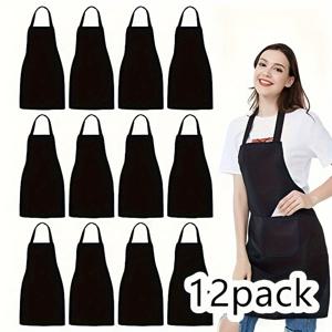 TEMU 12팩 블랙 아프론, 넓은 포켓, 기계 세척 가능, 주방, 공예, 바베큐용 다용도 - 내구성 / 폴리에스터 블렌드