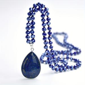 TEMU 천연석 파우더 라피스 라즐리 그린 칼세도니 물방울 모양 펜던트 다면체 유리 비즈 긴 목걸이 여성용, 가을 및 겨울 스웨터에 완벽, 봄 및 여름 휴가 장식, 어버이날 및 발렌타인데이를 위한 수제 선물