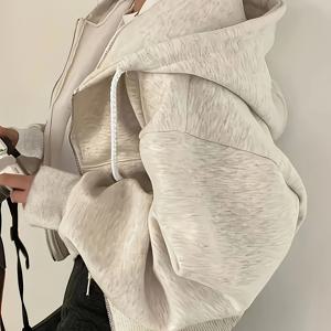 TEMU 여성용 캐주얼 지퍼업 후드티 - 긴 소매, 단색, 전면 포켓, 끈 조절 후드, 사계절용 편안함, 캐주얼 웨어 후드티|지퍼업 후드티|신축성 있는 원단 후드티|스포츠|블라우스|셔츠