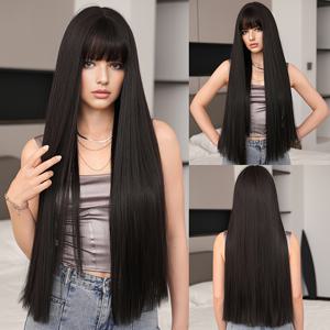 TEMU 1pc NAMM 여성 고밀도 합성 가발, 150% 밀도, 로즈 넷 캡, 유행 레이어드 옴브레 뱅 헤어, 데일리 사용을 위한 롱 블랙