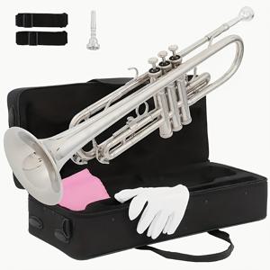 TEMU 프로페셔널 실버 트럼펫 B 플랫 브라스 니켈 파이프 바디 고품질 은도금, 케이스 및 가방 포함, 7C 마우스피스, 콘서트 밴드용 장갑