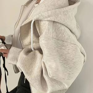 TEMU 여성용 캐주얼 솔리드 컬러 지퍼 후드티, 긴 소매 및 포켓 - 캐주얼한 옷을 위한 가벼운 신축성 있는 자켓, 후드 스웨트셔츠