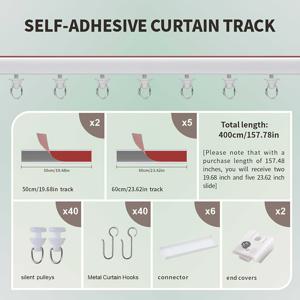 TEMU 커튼용 자체 접착 천장 및 벽 트랙 시스템 1세트, 드릴링, 나사 또는 도구 필요 없음 - 창문, 침실, 샤워실, 옷장 및 RV용 커튼 로드 - 커튼 S 후크가 있는 설치가 쉬운 커튼 레일