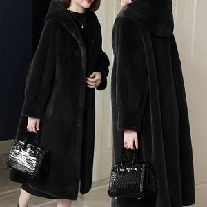 TEMU 플러스 사이즈 폴리에스테르 블렌드 캐주얼 스타일 롱 길이 래글런 소매 약간 스트레치 단색 플레어 밑단 니트 원단 가을/겨울 컬렉션용 모피 후드 코트
