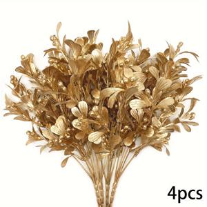 TEMU 금색 인조 식물 4개 세트: 크리스마스, 추수감사절, 겨울 휴일을 위한 인공 꽃 장식 - 실내/외부 사용 - 깃털 없음 - 플라스틱 재료 - DIY 공예 - 중앙 장식