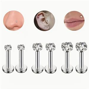 TEMU 6개 스테인리스 스틸 큐빅 지르코니아 피어싱 스터드 세트, 래브렛 립, 노즈, 헬릭스 귀걸이, 우아한 스타일, 합성 지르코니아, 데일리 및 파티 착용, 선물용|피어싱