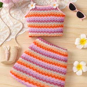 TEMU 여아용 여름 2피스 세트: 자카드 니트 민소매 탑 & 플로럴 장식 하프 스커트, 스파게티 스트랩 숏 드레스