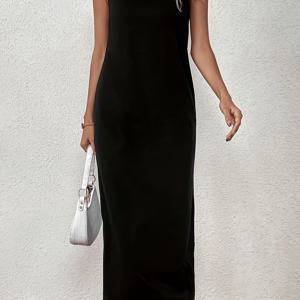 TEMU 1pc 여성용 민소매 펜슬 원피스 - 단색 크루넥 니트 원단 롱 원피스, 캐주얼 폴리에스테르 봄/여름/가을용 - 일반 핏 성인 미디 원피스|민소매원피스