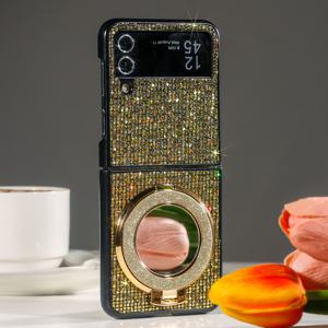 TEMU 갤럭시 Z 플립3 5G/4 5G/5 5G/6 5G용 반짝이는 글리터 PU 가죽 폰 케이스 - 미러 마감, 블랙 & 실버 디자인, 핸즈프리 뷰잉 앵글 내장 스탠드