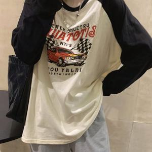 TEMU 여성용 Y2K 패션 프린트 긴팔 티셔츠, 크루넥, 컬러 블록, 라글란 소매, 루즈핏, 니트 원단, 폴리에스터 95% 엘라스테인 5%, 모든 계절, 일반 길이 - 180gsm