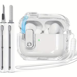 TEMU KEKOA 에어팟 프로 1 & 2 호환 투명 케이스 - 안전 잠금, 원터치 개방, 분실 방지 끈 & 청소 펜 포함 - 잠금 메커니즘 커버 (케이스만 포함 - 이어폰 미포함)