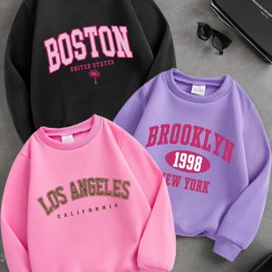 TEMU 3개 세트 여아용 보스턴, 로스앤젤레스, 뉴욕, 브루클린, 캘리포니아 그래픽 스웨트셔츠 - 아늑한 긴소매 크루넥 풀오버 스웨터, 도시 레터링 & 야자수, 캐주얼 가을/겨울 아동복, 귀여운 스웨트셔츠