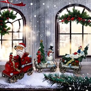 TEMU 3개의 OTDECOR 클래식 크리스마스 기차 세트, 수지 미니어처 테이블 장식, 크리스마스와 새해를 위한 축제 계절 장식, 산타, 눈사람, 순록 인형 포함, 벽난로 및 식탁 장식용