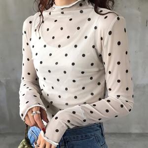 TEMU 여성용 시스루 폴카도트 롱소매 러플 스탠드업 칼라 블라우스 - 가볍고 신축성 좋은 기계세탁 가능, 사계절 겸용 캐주얼 & 포멀 웨어, 세련된 디자인의 다재다능한 패션