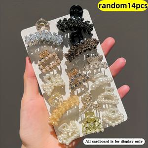 TEMU 14pcs 여성용 우아한 헤어 클립 - 반짝이는 라인스톤과 인조 보석 디자인, 블랙, 골든, 화이트 및 더 많은 레진 기하학적 패턴 - 캐주얼 또는 정식 행사용으로 다용도로 사용할 수 있는 반올림 스타일