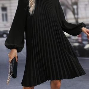 TEMU 여성용 플리츠 롱 슬리브 미디 드레스 - 루즈핏 라운드넥 솔리드 컬러, 봄 여름 가을 캐주얼 휴가 리조트 웨어, 플로우리 패브릭 원피스