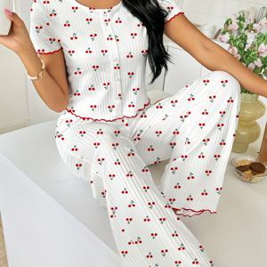 TEMU 체리 프린트가 있는 여성용 파자마, 달콤한, 라탄 스티치 단추가 있는 반팔, 반팔, 반팔, 긴 바지, 편안한, 여유로운, 우아한, 집 옷 세트