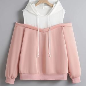 TEMU 여성용 플러스사이즈 후드 스웨트셔츠 - 헤더 그레이 & 화이트 컨트라스트 소매, 컬러블록 디자인, 미디엄 스트레치 원단, 세탁기 사용 가능, 봄/가을 캐주얼 웨어, 스포티한 룩, 내구성 있는 편안함