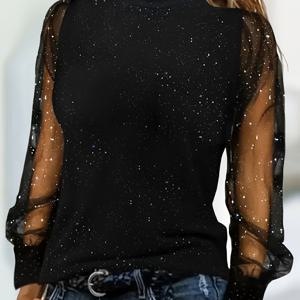 TEMU 여성용 우아한 블랙 라운드 넥 긴팔 탑, 시스루 메쉬 소매 - 중간 신축성 솔리드 컬러 블라우스, 손세탁 전용, 사계절 캐주얼에서 포멀웨어까지 다재다능한 패션, 매끄러운 원단 구조