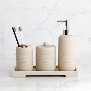 TEMU 화이트 사암 베이지 그레이 사암 피처드 욕실 4종 세트 로션병 칫솔꽂이 면봉함 트레이