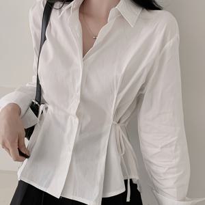 TEMU 여성용 우아한 롱 슬리브 셔츠, 앞뒤 리본 타이 디테일 - 반투명 솔리드 컬러 버튼업 블라우스, 클래식 칼라 레귤러 핏 봄 여름 가을 시즌 패션, 손세탁 전용, 접힌 소매 디자인, 비침 방지 원단