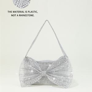 TEMU 1pc 반짝이는 라인스톤 리본 미니 핸드백 - 단색 플라스틱 파티 이브닝 클러치 지퍼 잠금, 폴리에스터 안감, 손세탁 가능 - 특별한 날을 위한 다재다능한 디자인