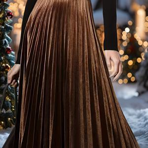 TEMU 우아한 갈색 벨벳 주름 마이 스커트와 신축성 허리밴드 - 하이라이스, 여성용 플로위 디자인, 가을/겨울 휴가 스타일에 완벽