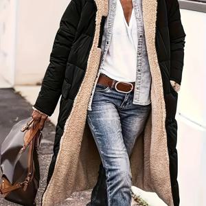 TEMU 여성용 캐주얼 롱 퍼프 코트, 100% 폴리에스테르, 단색, 루즈핏, 긴 소매와 포켓, 스트레치되지 않는 직조 소재, 정규 소매 - 겨울 외투