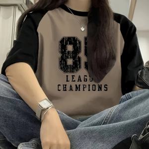 TEMU 일상용 여성 Y2K 티셔츠 - 컬러 블록 소매, 라운드 넥, 반팔, 폴리에스터 혼방 원단, 