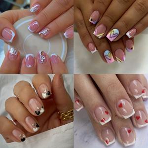 TEMU 4팩/96개입 숏 스퀘어 글리터 하트 화이트 프렌치 글로시 하트 레드 화이트 핑크 옴브레 그라데이션 발렌타인데이 및 데일리 착용에 적합, 탈착식 인조 네일, 젤리 글루 포함, 네일 아트 용품, 하트 모양 네일, 내구성 좋은 네일