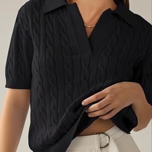 TEMU 1pc 부드러운 여성 폴로 스웨터 - V넥 반팔 풀오버, 케이블 패턴, 봄 여름 가을을 위한 우아한 캐주얼 시크 탑, 신축성 있는 편안한 핏, 여성용 스웨터