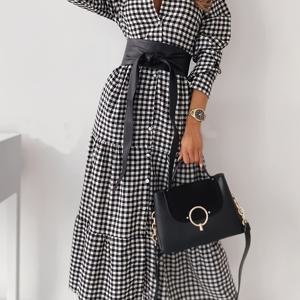 TEMU 여성용 긴 셔츠 드레스, 앞 단추, 체크 무늬, 봄과 가을 캐주얼 웨어에 적합한 퍼플 헴.