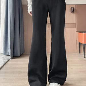 TEMU 여성용 플러스 사이즈 스트레치 레그 팬츠 - 우아한 하이웨이스트 블랙 폴리에스터 트라우저와 플레어드 레그, 봄/가을에 편안하고 스타일리시함