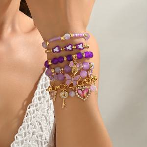TEMU 빈티지 패션 보라색 유리 비드 팔찌 세트, 나비, 하트, 열쇠, 자물쇠, 그리고 태슬 펜던트가 포함된 5개 세트 - 레이어링을 위한 DIY 조합, 데이, 어머니의 날 및 일상 착용에 완벽한 축제 팔찌 세트 | 빈티지 영감을 받은 디자인 | 내구성 있는 비드 소재, 팔찌