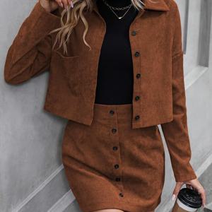 TEMU 여성용 우아한 100% 폴리에스터 정장 세트, 단색 카디건 칼라의 가을/봄 재킷과 앞 버튼 스커트, 260g/m² 직물로 짜여진 일반적인 상의와 스커트 조합