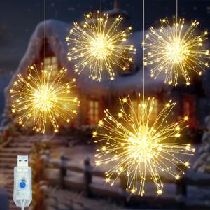 TEMU 4팩 크리스마스 라이트 불꽃놀이 라이트, 360 LED 실내 매달린 요정 크리스마스 장식, USB 전원, 파티용, 텐트용, 실내 장식용 (따뜻한 화이트 색상)