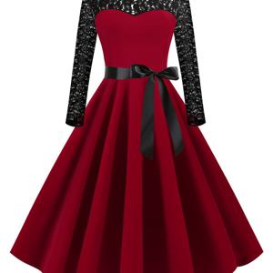 TEMU 여성용 우아한 A라인 드레스 - 레드 리본 & 레이스 디테일, 짧은 소매, 플레어 스커트, 지퍼 백, 세탁기 사용 가능, 봄/여름 캐주얼~세미포멀 웨어, 귀여운 드레스, 라운드 넥라인, 신축성 없는 원단, 섬세한 레이스 보디스|여름원피스