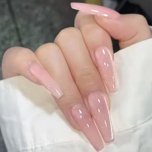 TEMU 24pcs 긴 발레 네일 팁 세트, 광택 있는 핑크 스테로브 핏, 순색 디자인, 고급 레무브블 프레스온 네일, 고양이 눈 효과