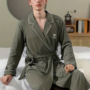 TEMU 남성용 일본 스타일 긴팔 목욕 가운 - 올리브 그린, 라펠 칼라, 포켓 & 타이 벨트, 부드러운 소재, 봄/가을 홈웨어 레귤러 핏|샤워가운