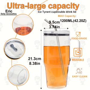 TEMU 1200ml/42.2oz 대용량 자동차 물컵 세트, 뚜껑과 빨대 포함, 아이스커피·주스·우유·맥주에 적합, 가족 및 친구를 위한 선물로 매우 적합하며 크리스마스 선물로 완벽한 선택