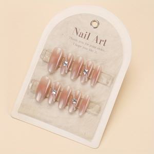 TEMU 2025 신년용 10개 세트 캣아이 프레스온 네일 - 아몬드 모양 긴 길이, 핑크 & 누드 광택 글리터 그라데이션 디자인, 여성용 파티 및 특별한 날을 위한 풀 커버 글램, 고급스러운 매니큐어, 네일 아트, 네일 애호가를 위한 스팽글러