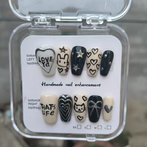 TEMU 10개의 수제 프레스온 네일, 흑백 몽환적인 네일 아트 세트, 귀여운 작은 토끼와 새끼 고양이 손그림 디자인, 손그림, 하트 모양 손그림 아트, 짧은 중간 길이 레이스 스타일 아크릴 네일, 네일 장식|네일팁