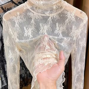 TEMU 플러스 사이즈 여성용 우아한 플로럴 레이스 긴팔 티셔츠 - 하이넥 러플드 탑, 세미시어 메쉬 패널, 신축성 블라우스 (봄/여름/가을용), 기계 세탁 가능