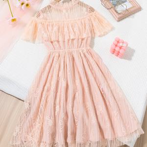 TEMU 여아용 우아한 여름 레이스 드레스 - 한국 스타일 드레스, 투명한 메쉬 디테일, 슬림핏, 긴 소매, 층식 스커트 디자인, 블랙, 레이스 드레스