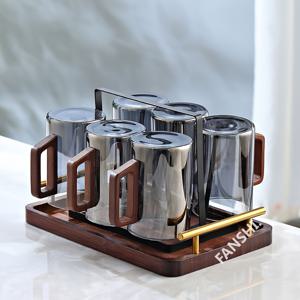 TEMU 4/6개의 가정용 유리 컵 세트, 가족 모임 및 물 마시기에 적합한 500ml 대용량 나무 손잡이 머그컵.