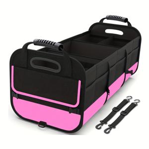 TEMU 95L 접이식 차량용 수납 정리함 - 내구성 있는 600D 옥스포드 멀티 컴파트먼트 박스, 핑크 트림 포함, 차량에 적합, 블랙 메쉬 사이드 포켓 및 금속 후크 포함, 액세서리 수납 상자 | 접이식 디자인 | 안전한 지퍼 클로저, 차량용 보관